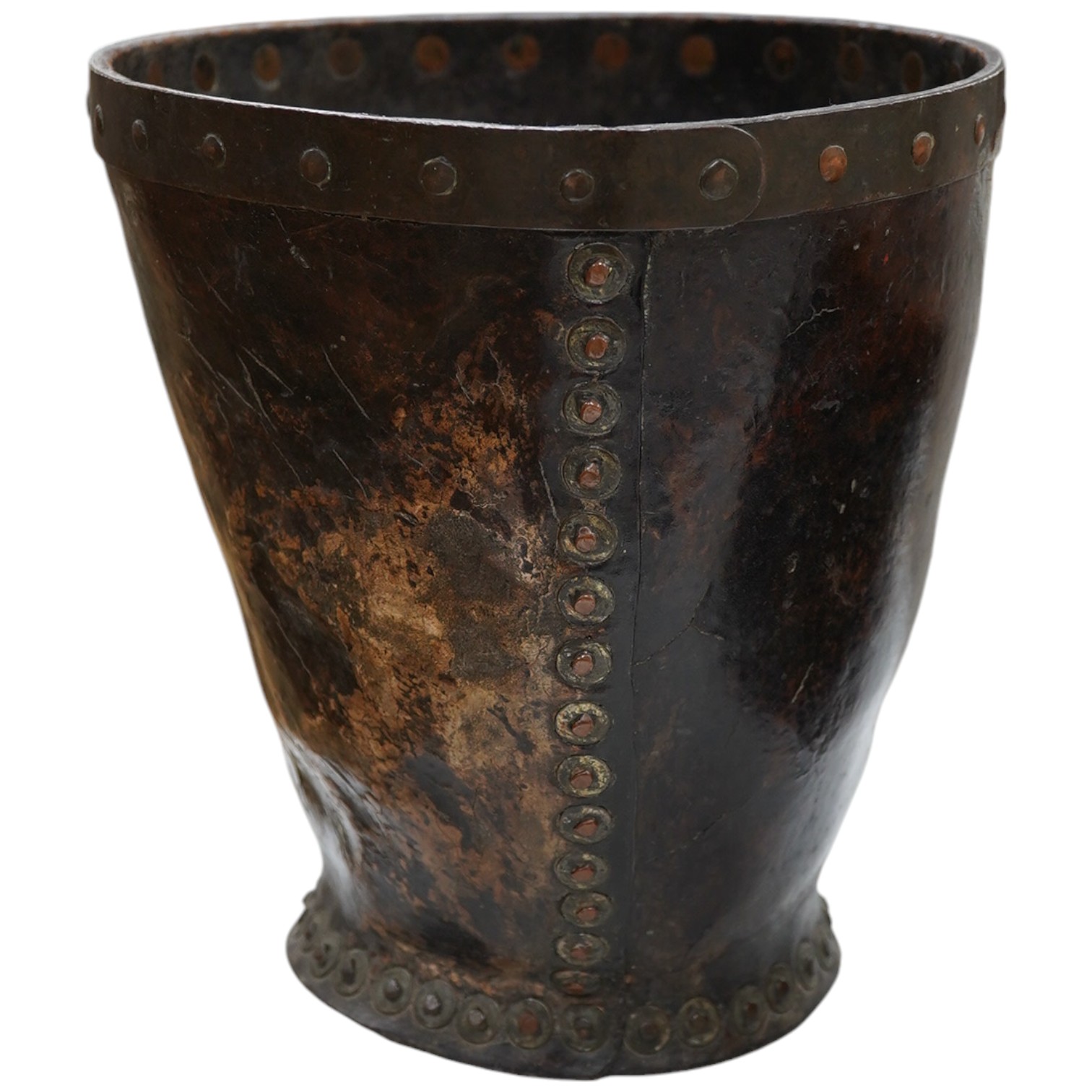 A Georgian mounted leather fire bucket (waste paper bin), 27cm high. Condition - fair